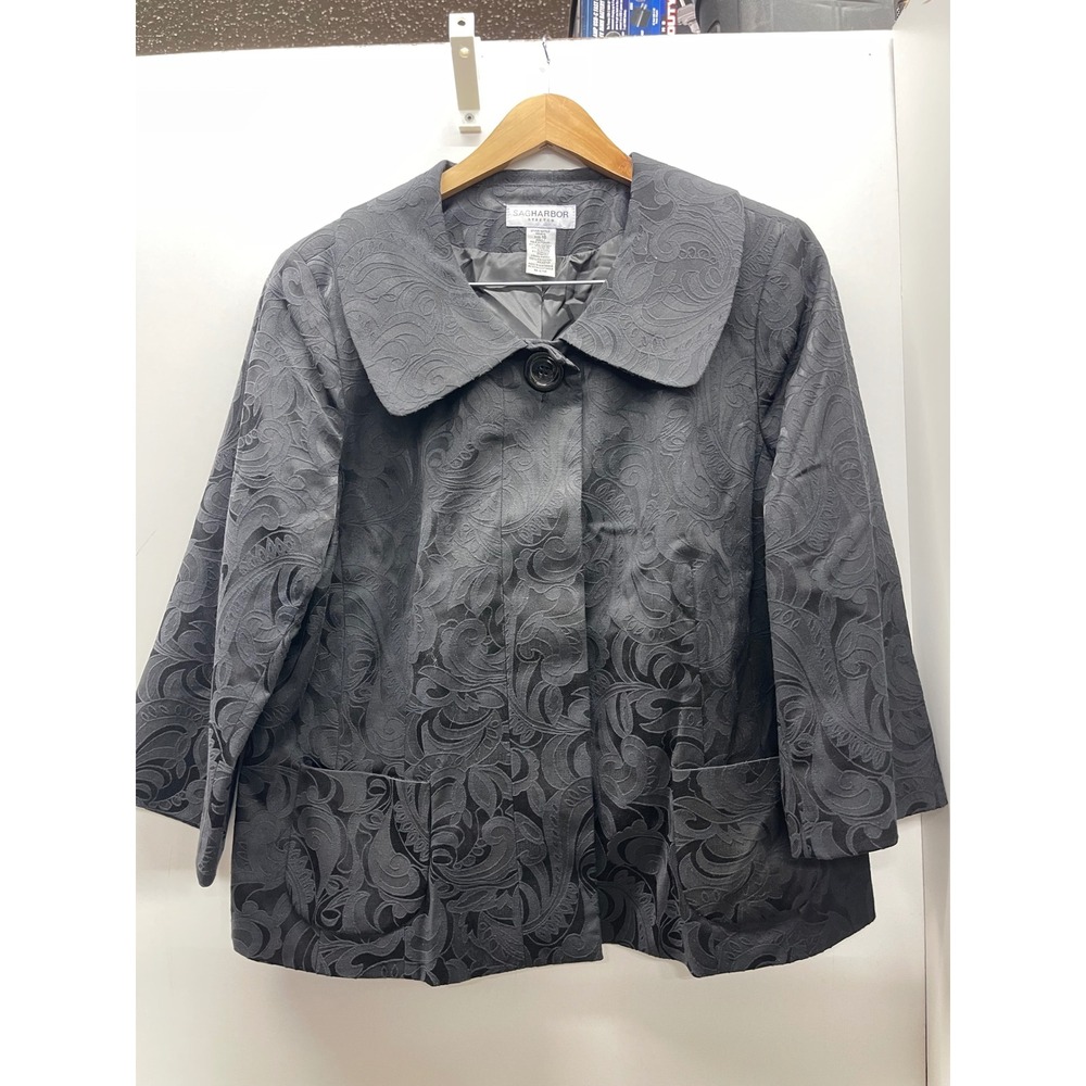 Sag Harbor Stretch Black Paisley Jacquard Jacket Peter Pan Collar Sz 16 H83613